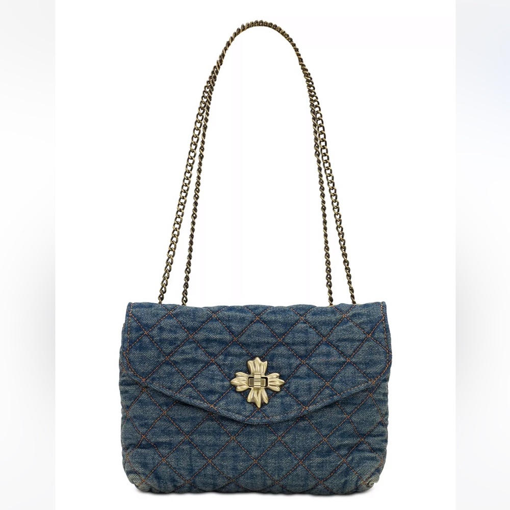 Small size denim quilted bag with Mellon Chain by Patricia Nash